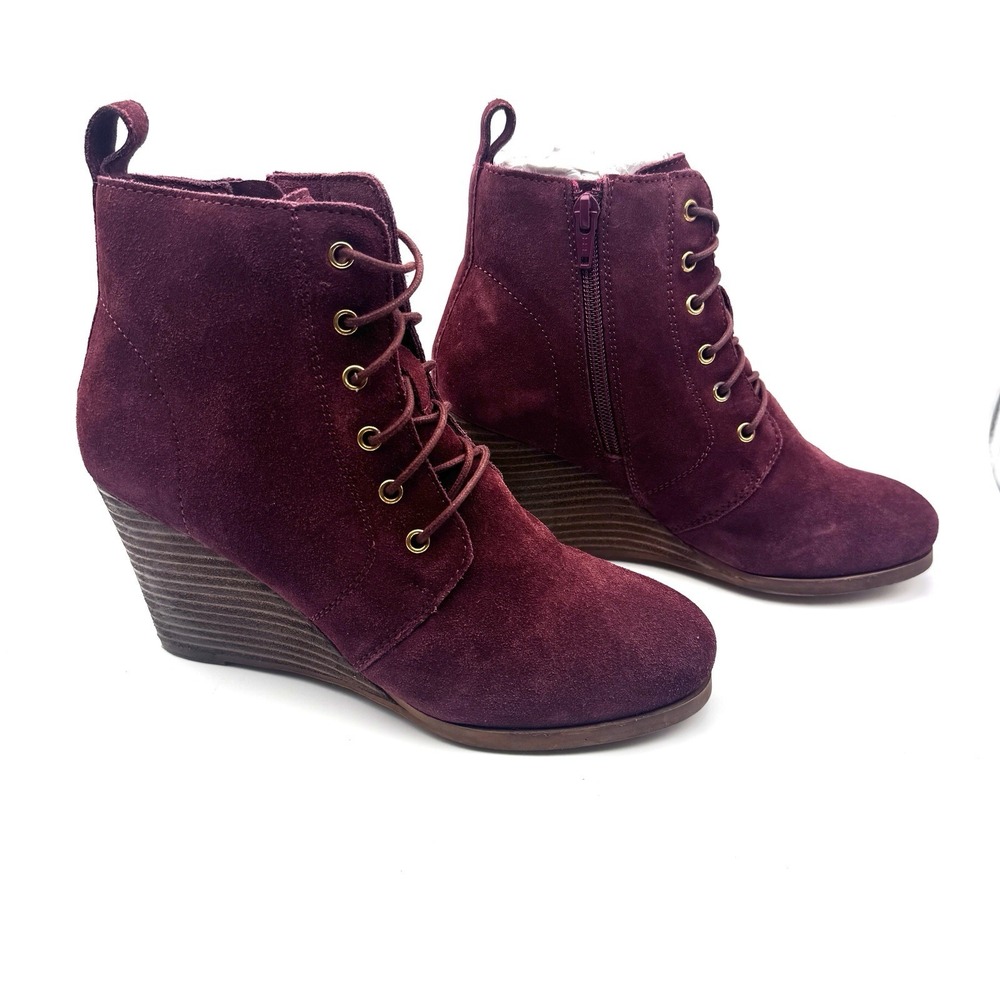 Diba Blake Suede Ankle Bootie - Burgundy Size 7.5‎ Wedge Tie Up